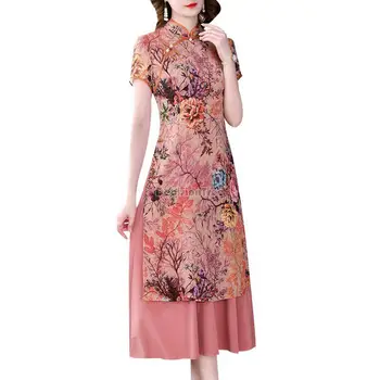 2023 yeni vietnam aodai cheongsam yaz kadın geliştirilmiş çin şifon qipao elbise vintage çiçekli zarif parti elbise a86