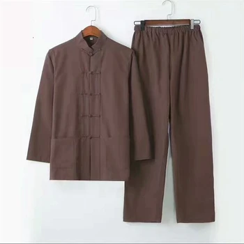 Ceket + Uzun Pantolon yeşil 2 ADET erkek Katı Kung Fu Takım Elbise Çince Geleneksel Erkek %100 % Pamuk Gevşek Wu Shu Tai Chi Setleri