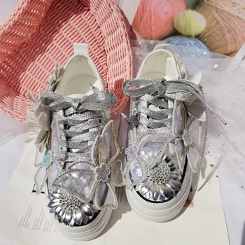 Düşük Üst kanvas ayakkabılar El Yapımı Özel Pullu Ayakkabı Platformu yürüyüş ayakkabısı El Yapımı Gümüş Çiçek Konfor Sneakers 35-40