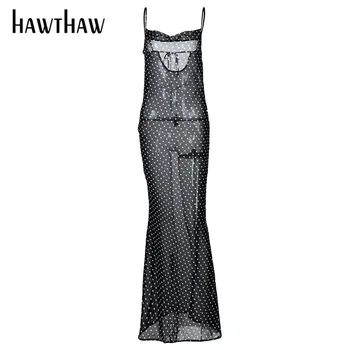 Hawthaw Kadın Sonbahar Yaz Polka Dot Backless Kolsuz See Through Siyah uzun elbise Sundress 2021 Sonbahar Giysileri Streetwear