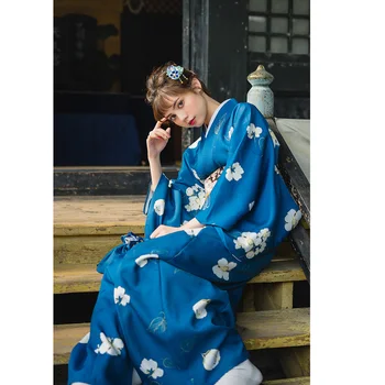 Japon Geleneksel Giyim Yukata Kimono Vintage Moda Koyu Mavi Renk Çiçek Baskılar Asya Kimono Yetişkin Festivali Streetwear