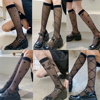 Kadın Örgü Dantel Çorap Siyah beyaz çoraplar Kadınlar İçin Seksi İnce Uzun Çorap Kolej Tarzı file çoraplar Yüksek Çorap