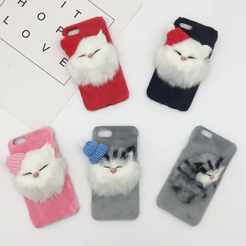 Kış Sıcak Sevimli Kedi Kabarık Kürk Telefon Kılıfı İçin iPhone 11 PRO Max SE 2020 XS MAX XR X 8 7 Artı Silikon Sert Güzel Noel Durumda