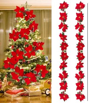 Noel çelenk yapay kırmızı çiçek dize ışıkları noel süslemeleri ev için led ışıkları noel ağacı süsleri Noel