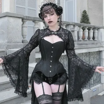 Siyah See Through Çiçek Dantel Parlama Kollu Ekstra Kısa Vintage Steampunk Giyim Kadın Gotik Ceket Victoria Ceket Streetwear