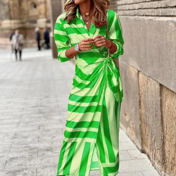 Yeni İlkbahar / Yaz Moda Baskı Elbise Yaka Uzun Kollu Üst Kravat Orta Uzunlukta Çizgili Etek Rahat Rahat Sokak Kadın Elbise