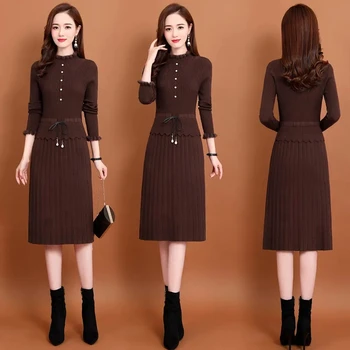 Zarif Fırfır Uzun Kollu Örme Elbise Kadınlar Vintage İnce Midi Kazak Elbise Sonbahar Patchwork İpli Bel Dip Elbiseler