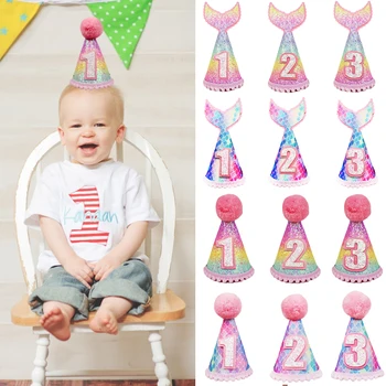 1 2 3 Yaşında doğum günü şapkası Kapaklar Renkli Denizkızı Kuyruğu Kafa Bandı çocuk 1st Doğum Günü Partisi Malzemeleri Bebek Duş Saç Aksesuarı
