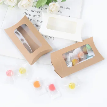 10/20 adet Yastık Şekli şeker kutusu Kahverengi/beyaz Kraft Kağıt Temizle Düğün Favor Kutuları Hediye Ekran Ambalaj Parti Süslemeleri
