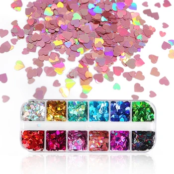 12 İzgaralar / Kutu Holografik Glitter Aşk Kalp Şekli Epoksi Reçine Dolum Pul Madeni Pul Balçık Pigment Takı Yapımı Tırnak Dekor