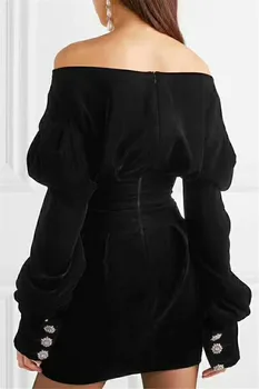 2018 Yeni Kış Teklif Omuz Seksi Siyah Mini Kadife Elbise Zarif Tam Kollu Kadın Parti Elbise