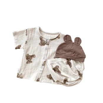 2021-06-30 Lioraitiin 0 - 12M Bebek bebek Kız Hırka Şort şapka seti Sevimli Küçük Ayı Kısa Kollu Üstleri Üçgen kısa pantolon