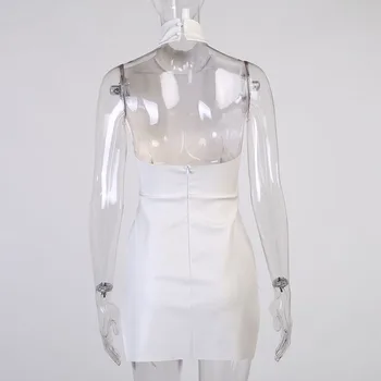 2021 Gotik Kadınlar Bodycon Elbise PU Deri Yaz Vestido Yüksek Bel Kolsuz Seksi Yarık Mini Elbise Kadınlar Mock Boyun Giyim