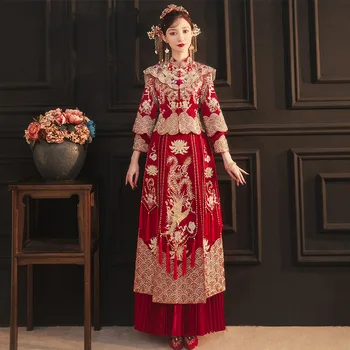 2022 Gelin Kırmızı Nakış Qipao düğün elbisesi Retro Çin Tarzı Cheongsam Tost Giyim Boyutu S-2XL
