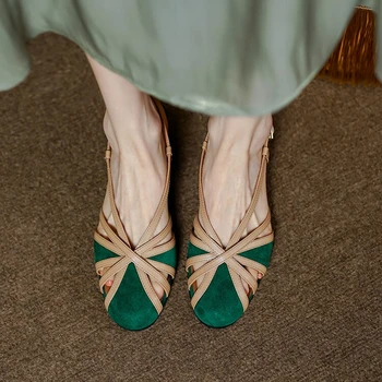 2022 Yaz Kadın Sandalet Yuvarlak ayak koruyucu Topuk Gladyatör Ayakkabı Kadın Koyun Süet Kadın Ayakkabı Vintage Kesme Düz Roma Sandalet