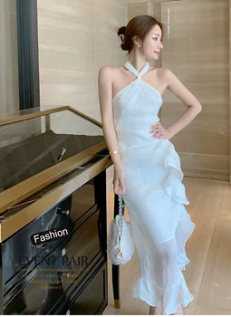 2022 Yaz Kadın Zarif Jartiyer Midi Elbise Beyaz Seksi Backless Fırfır Fishtail Elbise Retro Lüks Bayan Giyim