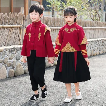2022 Çocuk Çocuk Çin Tarzı Kırmızı Tang Takım Elbise Kız Qipao Üst Etek Hanfu Cheongsam Elbise Erkek Oryantal Gömlek Pantolon Giyim Seti