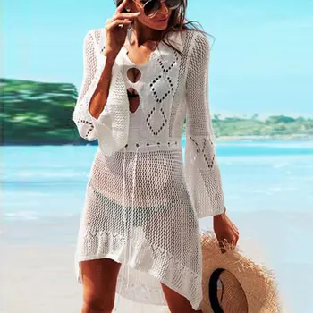 2023 Bohemian Beyaz Katı Tığ Tunik Kadınlar Yaz Beachwear Seksi Hollow Out Flare Kollu Ön Kısa Arka uzun elbise # Q719
