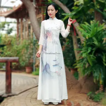 2023 vietnam tarzı aodai uzun cheongsam elbise vietnam giyim çiçek baskı şifon elbise kadınlar zarif gevşek çay elbise a82
