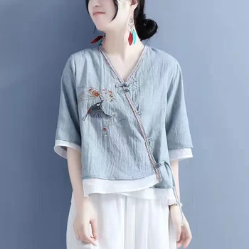 22 Çin Tarzı Retro İnce Üstleri Yaz Çin Geleneksel Gömlek Tang Takım Elbise Hanfu Keten Giyim Kadınlar için Etnik Kadın Cheongsam