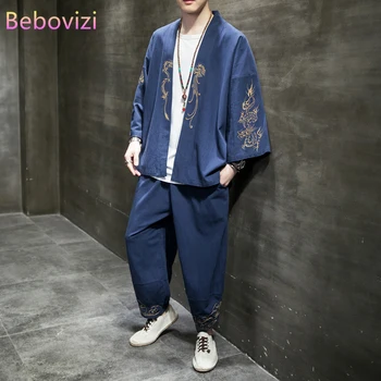 4XL 5XL Pamuk Keten Nakış Kimono Daopao Elbise Takım Elbise Yaz Geleneksel Çin Giyim Tarzı Orient Tang Hanfu Erkekler için Setleri