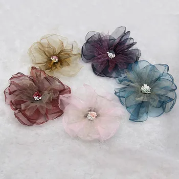 5 adet Net İplik Yanmış Kenar Kumaş Çiçek Firkete Takı Aksesuarları Şapka İki renkli Çiçek Kalp ve Çiçek Giyim Aksesuarları