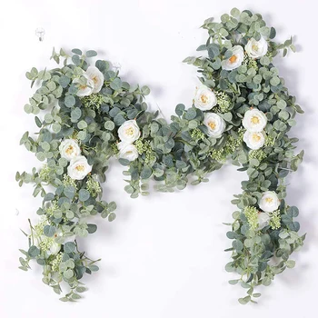 6.2 FT Yapay Bitki Çiçek Okaliptüs Garland Beyaz Güller Yeşillik Yaprakları Düğün Zemin Parti Duvar masa süsü