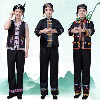 6 renkler Erkekler Çin Tarzı Etnik Giyim Seti Hmong Gaeml Bourau Performans Dans Elbise Kabile Cosplay Kostüm Tops Pantolon