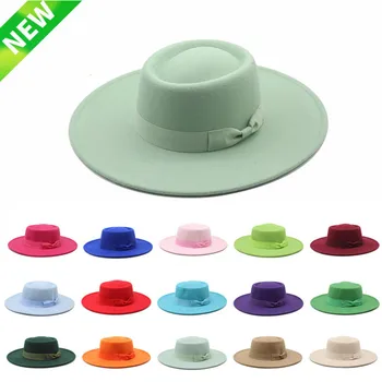 8cm Porkpie Şapka Kadınlar bayanlar için zarif retro tarzı İngiliz yün caz şapka sonbahar ve kış düz renk Panama şapka