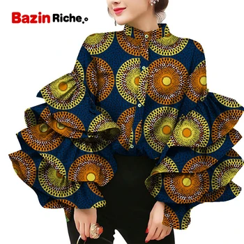 Afrika Elbise Gömlek Standı Yaka Katmanlar Flare Kollu Bluzlar Kadınlar için Balmumu Baskı pamuklu bluz Artı Boyutu Bayan Giyim Parti WY8635