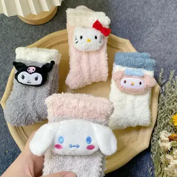 Anime Sanrio Kawai Melodi Kt Kedi Peluş Mercan Kadife Çorap Çocuk Karikatür Sevimli Sıcak Uyku Kat Çorap Kalınlaşmış Tüp Çorap