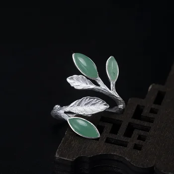 Aventurin Yeşim Yaprakları ile 925 Ayar Gümüş Parmak Yüzük Retro Şube Ayarlanabilir Açık Yüzükler Kadınlar Takı Toptan JZ039