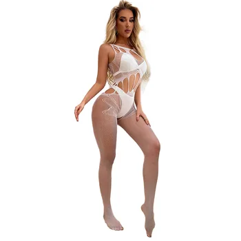 Beyaz Iç Çamaşırı Crotchless Fishnet Bodysuit Artı Boyutu Kadın Pijama Dantel Yay Catsuit Seksi Bodystocking Seksi Kostümleri