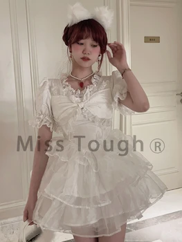 Beyaz Japon Kawaii Lolita Elbise Kadınlar Kore Tatlı Parti Mini Elbise Sumemr 2022 Rahat Prenses Vintage Zarif peri elbisesi