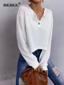 BKMGC Beyaz T Shirt Sonbahar Gevşek Waffle Örgü Uzun Kollu V Yaka Düğmesi Üstleri Kadın 2022 yazlık t-shirt Kadın 2188