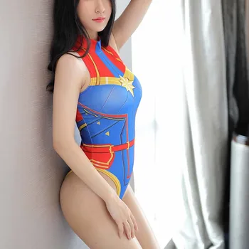 Cosplay Seksi Anime Kaptan Marvel üniforma Erotik İç Çamaşırı porno kostümleri Sukumizu Açık crotch Bodysuits mayo Yüksek Kesim oyuncak