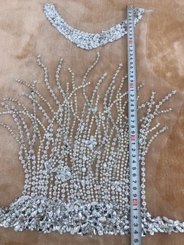 El yapımı gümüş dikmek gümüş hinestones aplike örgü inci kristaller trim yamalar 30 * 44cm düğün elbisesi aksesuarları