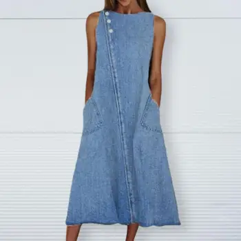 Gevşek Denim Elbise Kadınlar Vintage Kolsuz Cepler Düz Renk yaz elbisesi Midi Streetwear