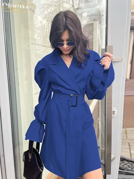 Gevşek Mavi Kadın Elbiseler Clacive Moda Zarif Rahat Yaka 2022 Uzun Kollu Kemer Ofis Bayan Mini Elbise Kadın Giyim