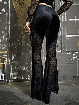 Goth Koyu Romantik Gotik Vintage Akın Kadın Pantolon Grunge Estetik Kadife Patchwork Flare Pantolon Yüksek Yükseltme Alt Giyim