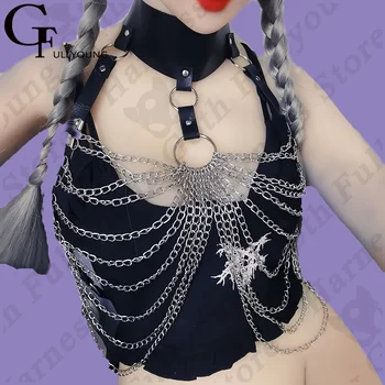 Gotik Kadın Suni Deri Vücut Koşum Seksi Gümüş Metal Zincir İç Çamaşırı Dekor Fetiş Bdsm Kölelik göğüs kemeri Sutyen Moda Jartiyer