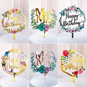 Gül Çiçek Akrilik Mutlu Doğum Günü Partisi Kek Topper Renk Çiçek Düğün Pastası Topper Bebek Doğum Günü Partisi Kek Süslemeleri