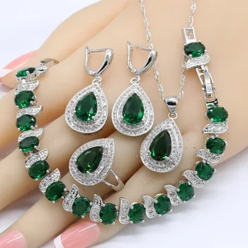 Gümüş Renk Takı Setleri Kadınlar İçin Yeşil Taşlar Bilezik Küpe Kolye Kolye Yüzük Düğün doğum günü hediyesi