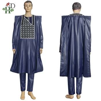 H & D Yeni Afrika Giysi Erkekler için Dashiki Nakış Erkekler Uzun Kollu Gömlek Pantolon Elbiseler Takım Elbise Boubou Müslüman düğün Parti giyim