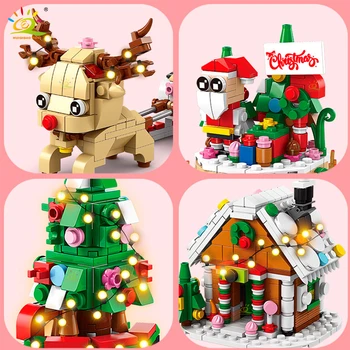 HUIQIBAO Mini Noel Ağacı Modeli Mikro Tuğla Yapı Taşı Şehir Tren Noel Baba Kek çocuk Oyuncakları noel hediyesi