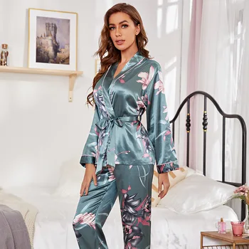 Ipek Saten Pijama Seti kadın Gecelik İki Adet Pijama Pijama Gecelik Gecelik Çiçek Baskı Kadın Uyku Giyim
