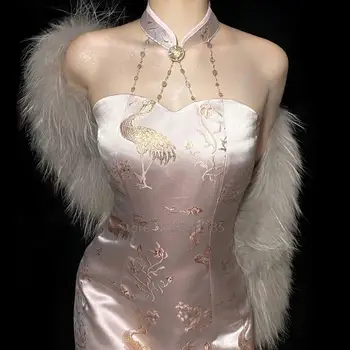 Kadın Cheongsam Çin Oryantal Tarzı Elbise Tüp Üst Yarık Açık Pembe Vinç Nakış Kristal Boncuk Zincir Ekleme Yaka Yeni