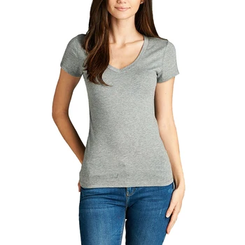 Kadın Temel V Yaka T Shirt Kısa Kollu Üst Streç Katı Gömme Pamuk Tee Bayanlar Yaz M30147