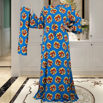 Kadınlar İçin afrika Elbiseler pamuklu uzun kollu tişört Femme Boubou Elbise 2022 Yenilik Maxi Elbise Çiçek Müslüman Yeni V Yaka Başörtüsü İle