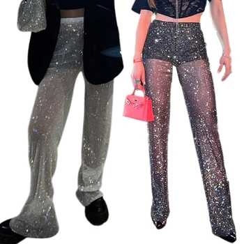 Kadınlar seksi Glitter Mesh uzun pantolon moda Beachwear gece kulübü parti giyim